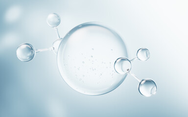 Transparent molecules with water bubbles background, 3d rendering.