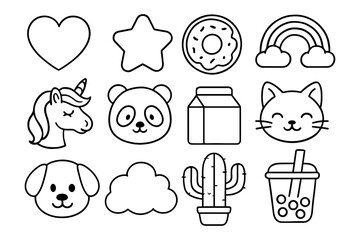 Cute minimalist outline icons set: animals, food, and fun shapes