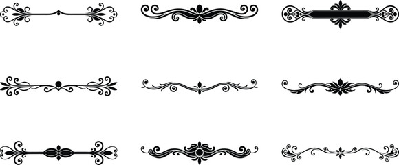 Vector art of a series of decorative line elements and symbols, resembling abstract patterns or ornamental dividers, isolated on white