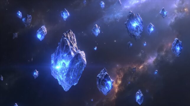 Floating, luminous, blue asteroid-like objects against a blurry cosmic backdrop, suggesting a surreal celestial panorama - Powered by Adobe