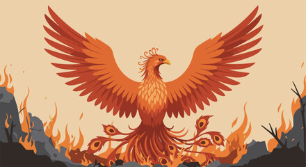 Obraz premium Phoenix Rising with Open Wings Amidst Flames and Ashes