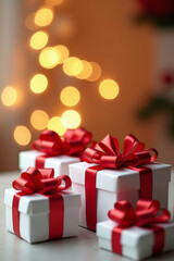 Obraz premium White gift boxes with red satin ribbons and blurred bokeh lights, festive celebration concept for seasonal holidays, Christmas, New Year, weddings, and special occasions