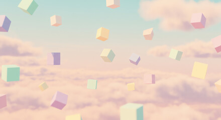 Floating pastel cubes on soft clouds background