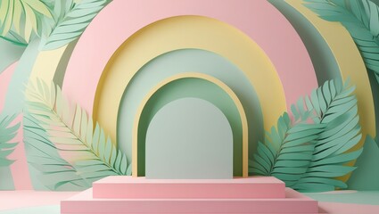 Pastel-toned, geometric display podium with layered arch shapes and tropical foliage, evoking a vibrant summer mood.
