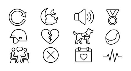 Set of linear symbols: weather, sound, medal, safety, heart, therapy, calendar, pulse