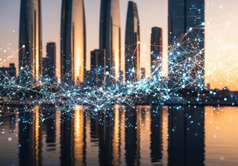 Modern city skyline with glowing digital network overlay reflecting in water at sunset