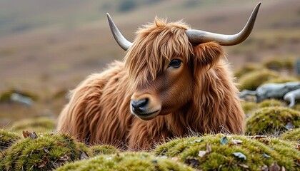 Highland cow in lush green mossy landscape, serene nature scene, beautiful animal portrait, vibrant colors and textures - AI Generated Digital Art