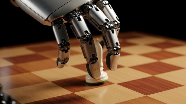 Advanced agentic ai robot hand strategically playing chess on a wooden board demonstrating complex decision making and future technology