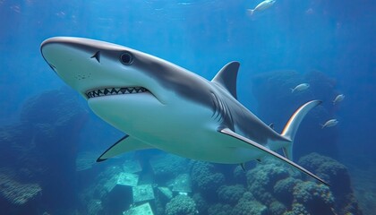 Fototapeta premium Realistic digital art of a shark swimming underwater in a vibrant ocean environment with coral reefs and fish - AI Generated Digital Art