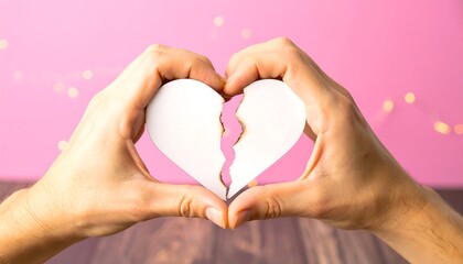 Obraz premium Two hands gently hold a broken white heart against a pink background