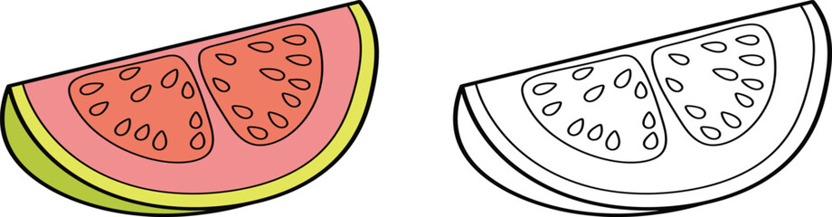 Obraz premium Fresh Guava Slice Illustration with Seeds and Vibrant Pink Flesh, Perfect for Healthy Themes