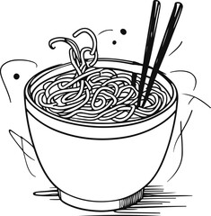 Hand-drawn ramen cup line art vector, abstract doodle noodles and chopsticks, minimal Japanese fast food sketch 2