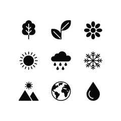 Diverse nature icons representing seasons weather earth sun rain snow mountains water drop