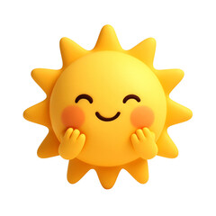 Cute 3 D cartoon sun with rosy cheeks and hands isolated on a transparent background yellow
