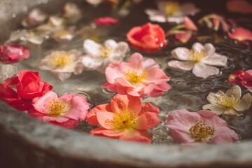 Beautiful Floating Blossoms in a Tranquil Water Setting with Soft Lighting.