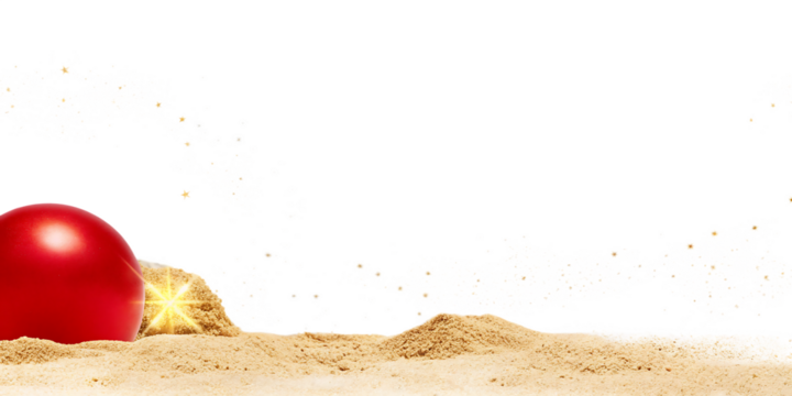 Red sphere on sand with sparkling star trail isolated on a transparent background