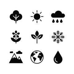 Collection of nature icons representing seasons weather climate and earth elements