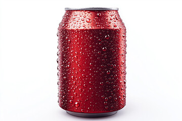 Red soda can with water drops isolated on white background, cold refreshing beverage container, blank template for drinks, mockup design