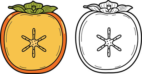 Persimmon Fruit Cross Section Vector Art: Detailed Illustration of Sweet Astringent Fruit with Star-Shaped Core