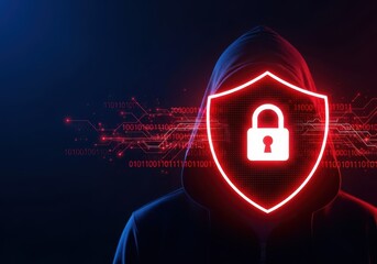 Anonymous hacker wearing a hood with a glowing red shield and padlock symbol representing cybersecurity