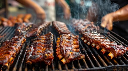 Deep brown and golden tones surround pork ribs and signature sauces in rustic scene with handcrafted jars, spices and Nordic culinary styling.