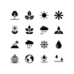 Collection of nature and weather icons representing seasons climate earth and elements like rain and sun