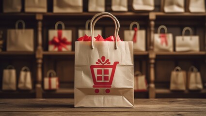A kraft paper shopping bag with a red gift cart sits on a wooden surface, showcasing a backdrop of similar bags and presents.