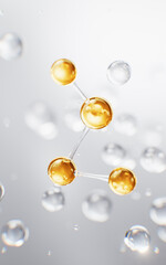 Biological golden molecule with cosmetics background, 3d rendering.