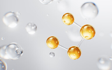 Biological golden molecule with cosmetics background, 3d rendering.