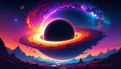 Vibrant nebula swirls around a dark planet with a bright ring system, overlooking a fantasy landscape