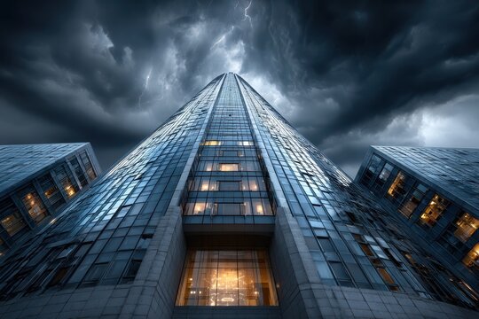 Modern skyscraper against dramatic stormy sky with lightning strikes at dusk - Powered by Adobe