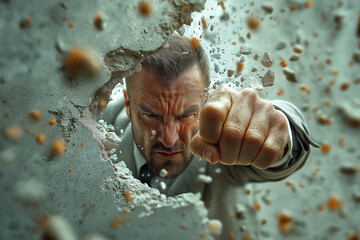 Angry man punching through concrete wall with power and determination, concept of strength, aggression, resistance and breaking obstacles