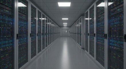 A long corridor of server racks in a modern data center.
