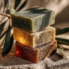 Three bars of natural soap are stacked on top of each other, illuminated by warm sunlight.
