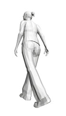A confident woman in a white low poly dress walks with purpose, her hair pulled back in a bun against a clean white background.