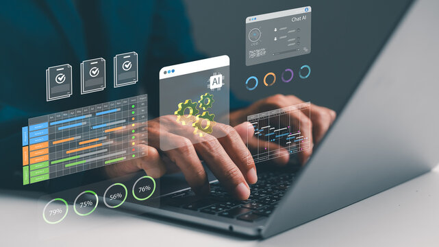 A person typing on a laptop with digital interface elements, showcasing data analysis and artificial intelligence features.