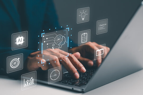 A person using a laptop with digital icons representing AI, analytics, and productivity tools floating around, indicating a focus on technology and innovation.