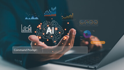 A digital interface displaying AI symbols and data analytics, with a hand gesturing towards the screen.