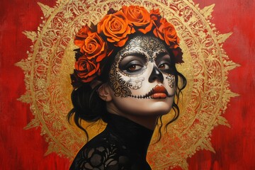 A striking portrait of a woman, adorned with a vibrant floral crown and intricate skull makeup, set against a backdrop of rich red and gold patterns.