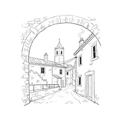 Hand-drawn line art sketch of a historic European town with a church bell tower
