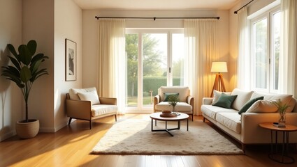 Fototapeta premium A sun-drenched living room showcasing a neutral color palette, comfortable furniture, and natural light streaming through large windows.