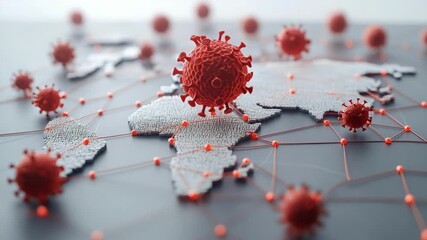 Red virus model over global map highlighting worldwide pandemic impact. hMPV, Human metapneumovirus - Powered by Adobe