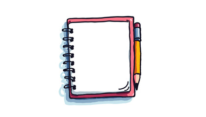 Blank notebook with spiral binding and yellow pencil on white background  