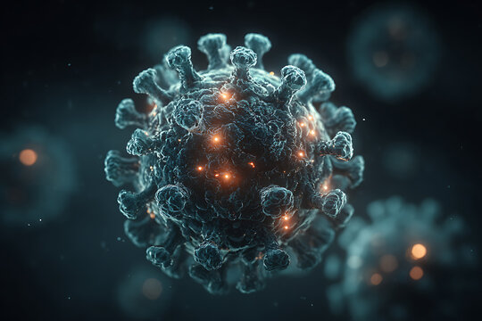 Microscopic view of a menacing virus particle with glowing orange highlights and a dark, ethereal atmosphere, symbolizing disease and scientific research.