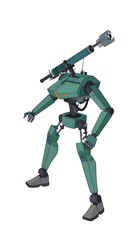 Fototapeta premium A teal-hued mechanical figure, armed with a long-barrelled weapon, stands poised in a three-quarter view.