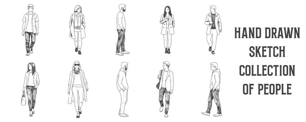 Architectural Drawings Hand drawn sketch collection of people walking, standing, and interacting, black ink pen drawing style vector illustration, human person Minimal style