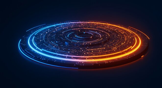 Abstract digital platform with glowing blue and orange concentric circles and small particles on a dark background.