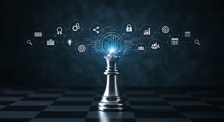A silver chess queen stands on a dark chessboard, surrounded by glowing digital icons symbolizing strategic planning and data analysis.