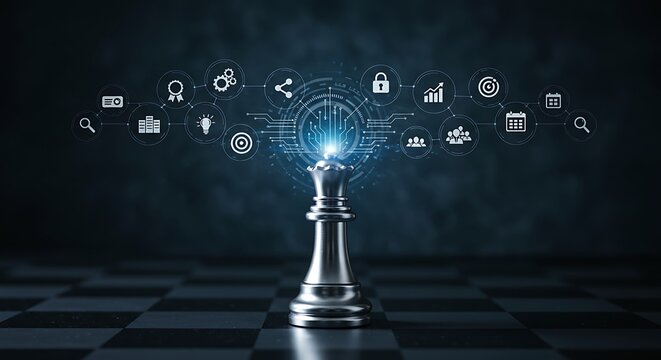 A silver chess queen stands on a dark chessboard, surrounded by glowing digital icons symbolizing strategic planning and data analysis.