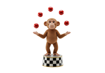 Isolated monkey juggling red balls balancing on a checkerboard stand cartoon animal mascot